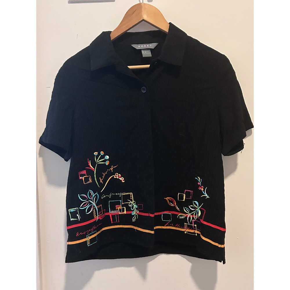 Koret Black Short Sleeve Collared Embroidered Floral Button Up Shirt Top‎ Small